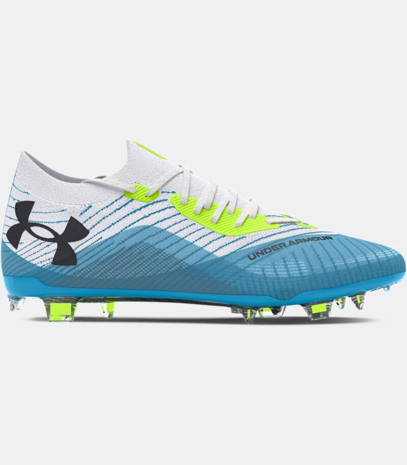 under armour shadow elite football boots in blue and white with neon yellow laces and details 